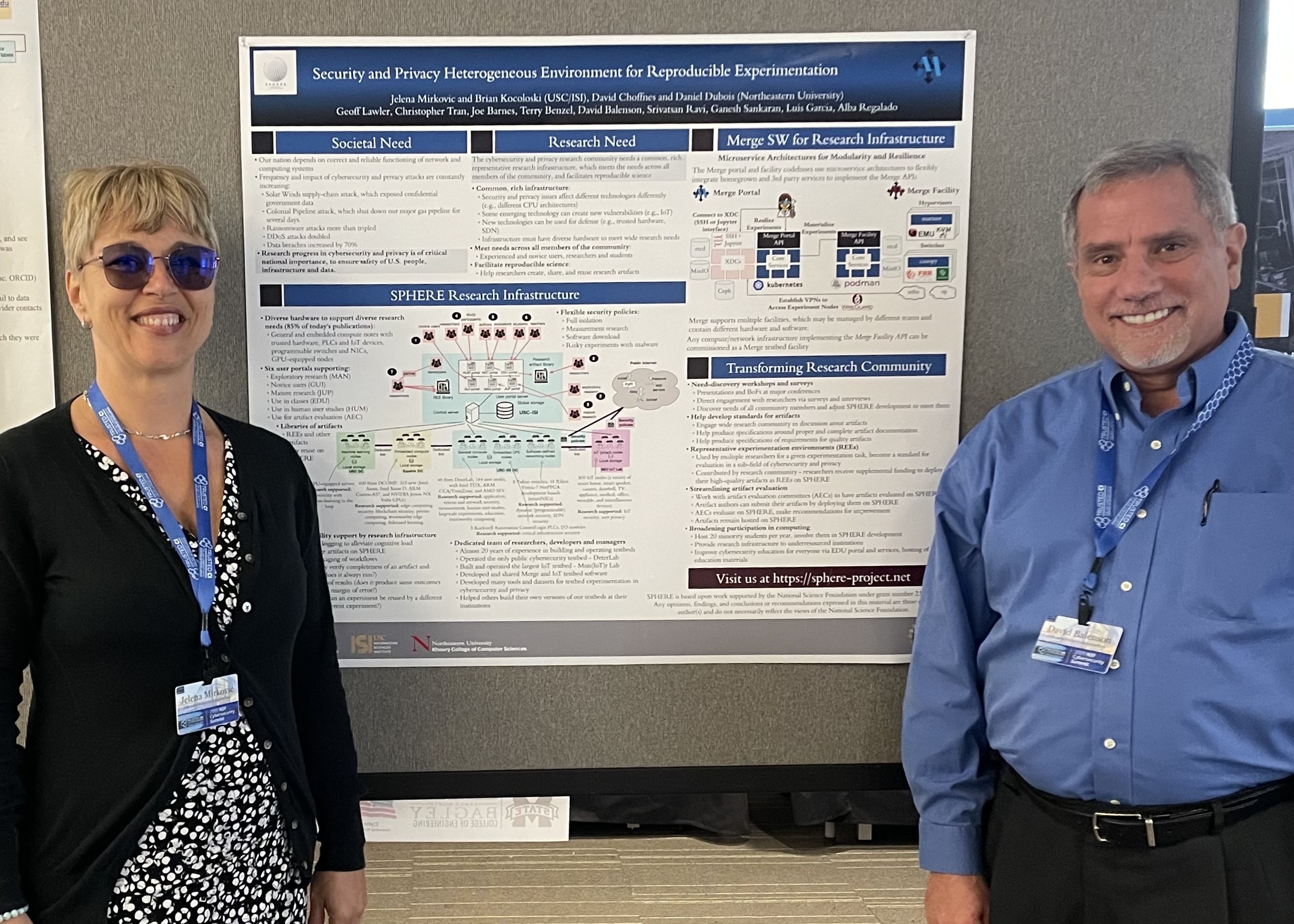 Lead PI, Jelena Mirkovic, and Outreach Director, David Balenson, with SPHERE poster at 2023 NSF Cybersecurity Summit